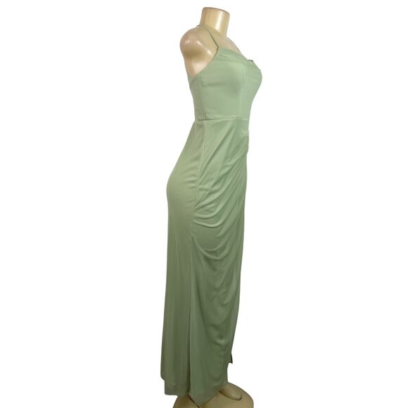 Azazie Womens Sage Green Polyester Halter Maxi Dress Pleated Elegant Gown Slit S - Picture 2 of 11